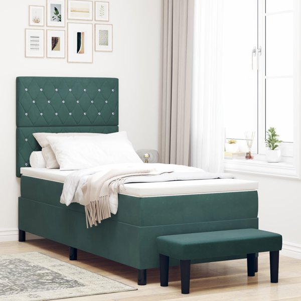 vidaXL Κρεβάτι Box Spring με Στρώμα και Πάγκο 100x200 εκ. Βελούδινο Σκούρο Πράσινο