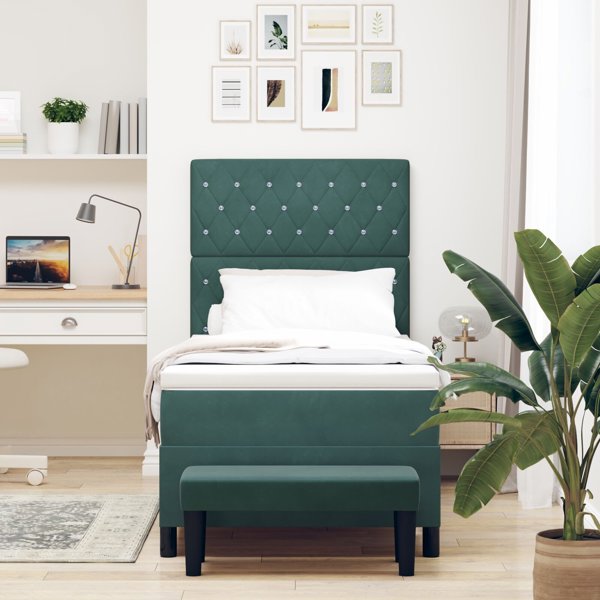 vidaXL Κρεβάτι Box Spring με Στρώμα και Πάγκο 100x200 εκ. Βελούδινο Σκούρο Πράσινο