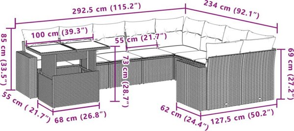 vidaXL Σετ 10τμχ έπιπλα κήπου με μαξιλάρια, μπεζ πολυρατάν