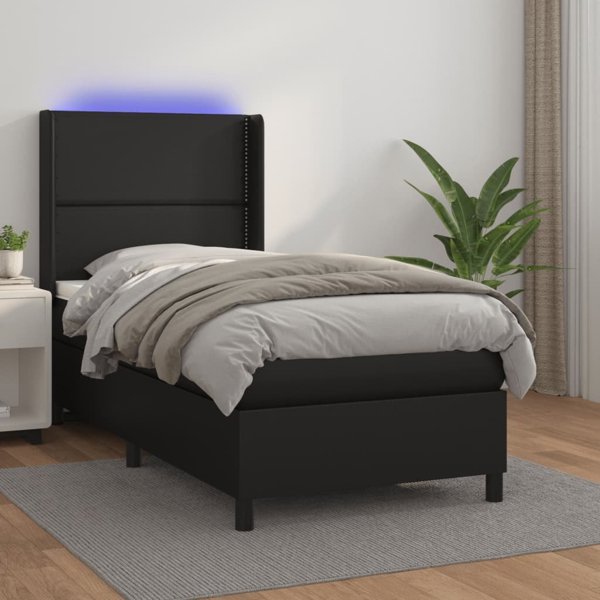 vidaXL Lodzko kontynentalne z materacem i LED czarna ekoskora 90x200 cm