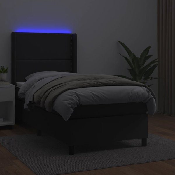 vidaXL Lodzko kontynentalne z materacem i LED czarna ekoskora 90x200 cm