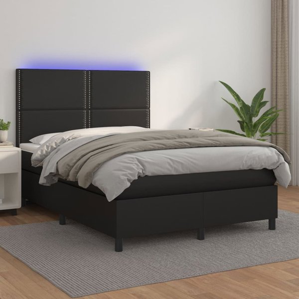 vidaXL Κοντινεντάλ κρεβάτι με στρώμα και LED, μαύρη οικολογική δερμάτινη επένδυση, 140x190 cm