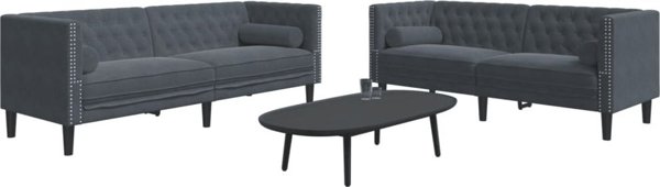 vidaXL Σετ καθιστικού Chesterfield 2 τεμαχίων με κυλινδρικά μαξιλάρια, σκούρο γκρι, βελούδο