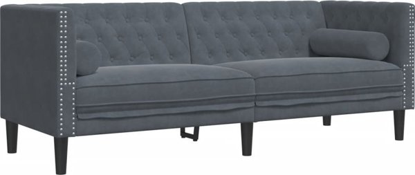 vidaXL Σετ καθιστικού Chesterfield 2 τεμαχίων με κυλινδρικά μαξιλάρια, σκούρο γκρι, βελούδο