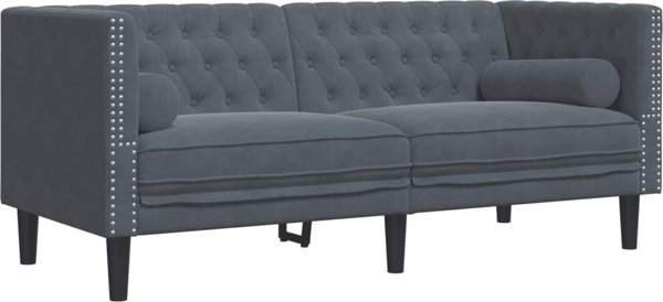 vidaXL Σετ καθιστικού Chesterfield 2 τεμαχίων με κυλινδρικά μαξιλάρια, σκούρο γκρι, βελούδο