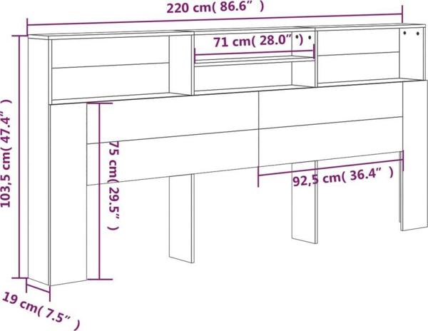 vidaXL Κεφαλάρι κρεβατιού με ράφια, γκρι δρυς Sonoma, 220x19x103,5 cm