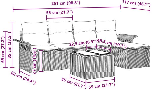 vidaXL 6 τεμαχίων σετ κήπου καναπέδες με μαξιλάρια μαύρου πολυρατάν