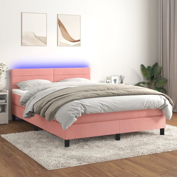 vidaXL Λουτζκο κοντινενταλ με στρωμα και LED, ροζ βελούδο 140x200 εκ.