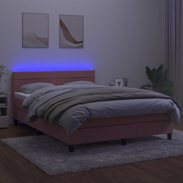 vidaXL Λουτζκο κοντινενταλ με στρωμα και LED, ροζ βελούδο 140x200 εκ.