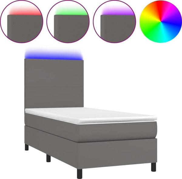 vidaXL Κρεβάτι κοντινένταλ με στρώμα και LED, γκρι οικολογικό δέρμα, 90x190 εκ.