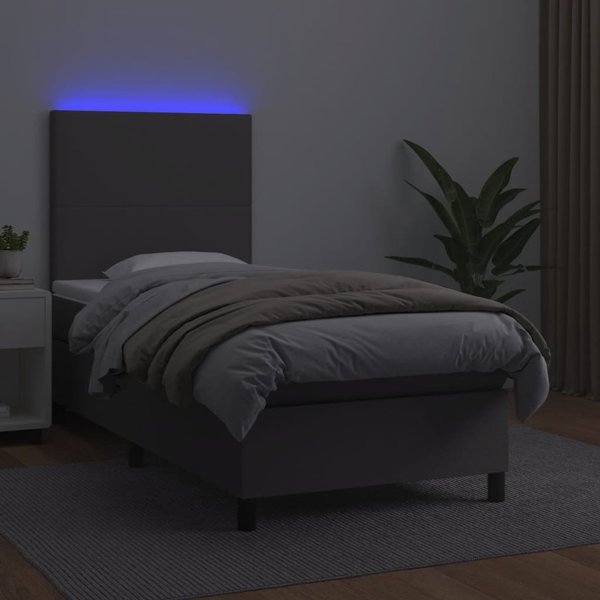 vidaXL Κρεβάτι κοντινένταλ με στρώμα και LED, γκρι οικολογικό δέρμα, 90x190 εκ.