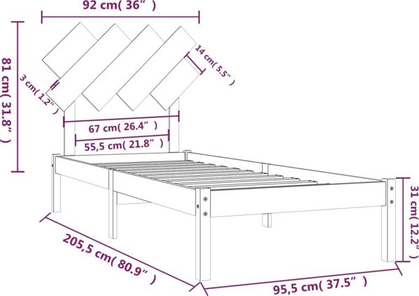 vidaXL Rama κρεβατιού, λευκή, 90x200 cm, μασίφ ξύλο