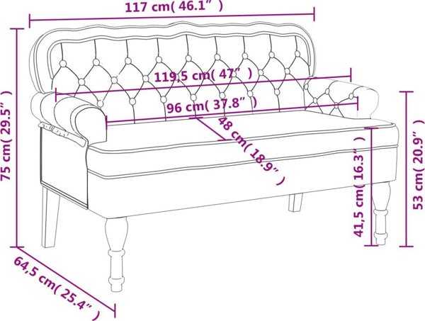 vidaXL Πάγκος με πλάτη, βυσσινί, 119,5x64,5x75 εκ., βελούδινο ύφασμα