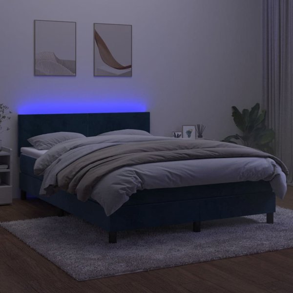 vidaXL Λεκανοειδές κρεβάτι με στρώμα και LED, μπλε βελούδο, 140x200cm