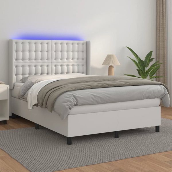 vidaXL Κοντινένταλ κρεβάτι με στρώμα και LED, λευκό οικολογικό δέρμα, 140x200 εκ.