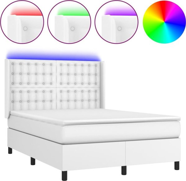 vidaXL Κοντινένταλ κρεβάτι με στρώμα και LED, λευκό οικολογικό δέρμα, 140x200 εκ.