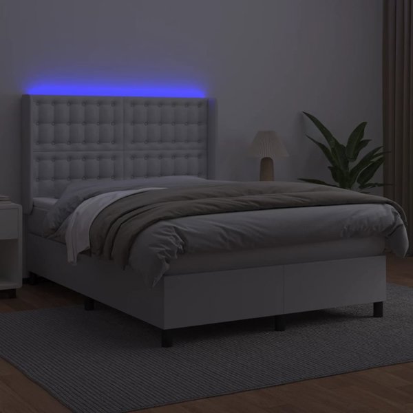 vidaXL Κοντινένταλ κρεβάτι με στρώμα και LED, λευκό οικολογικό δέρμα, 140x200 εκ.