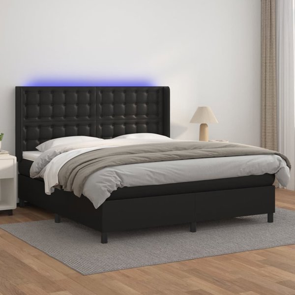 vidaXL Lozko kontynentalne z materacem i LED czarna ekoskora 160x200 cm