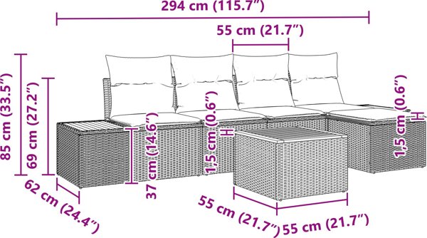 vidaXL Σετ Επίπλων Κήπου 6 Τεμαχίων με Μαξιλάρια, Πολυρατάν, Χρώμα Μαύρο, Ξύλο Ακακίας