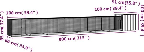vidaXL Κλωβός για κοτόπουλα, ανθρακί, 800x91x100 cm, ατσάλι