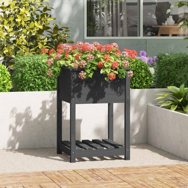 vidaXL Πλαστική γλάστρα με ράφι, γκρι, 54x54x81 εκ., συμπαγές πεύκο
