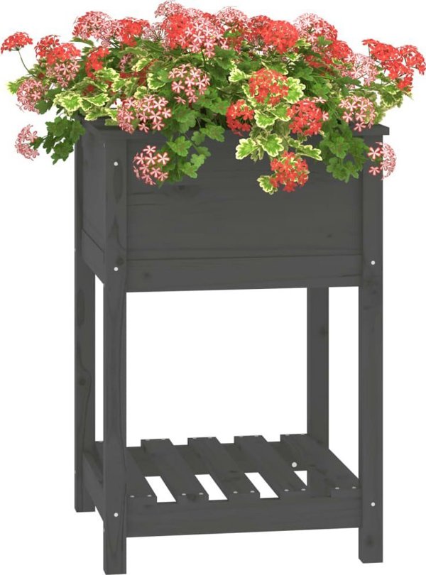 vidaXL Πλαστική γλάστρα με ράφι, γκρι, 54x54x81 εκ., συμπαγές πεύκο