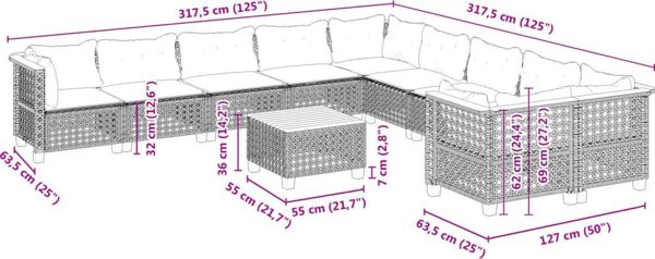 vidaXL 11-cz. zestaw mebli ogrodowych z poduszkami, szary rattan PE