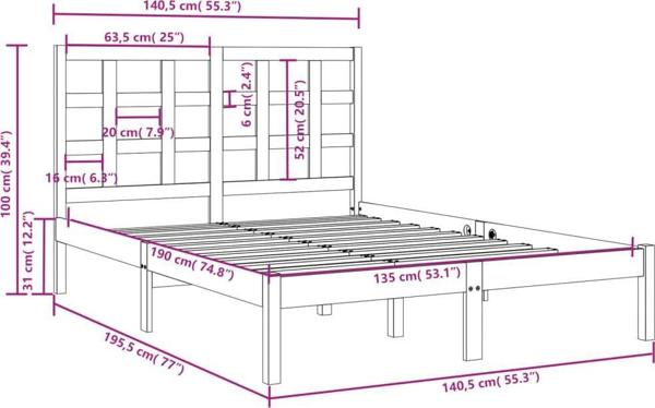 vidaXL Rama κρεβατιού από μασίφ ξύλο, 135x190 cm, διπλό