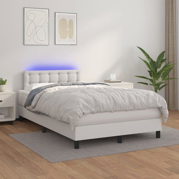 vidaXL Lozko kontynentalne z materacem i LED, biala ekoskora 120x200 cm
