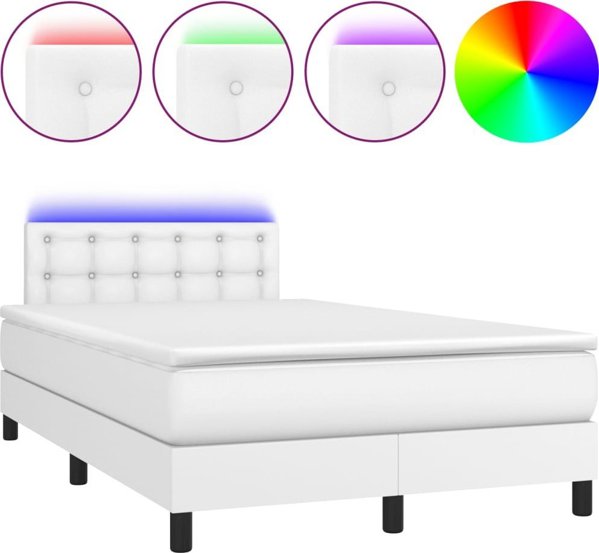 vidaXL Lozko kontynentalne z materacem i LED, biala ekoskora 120x200 cm