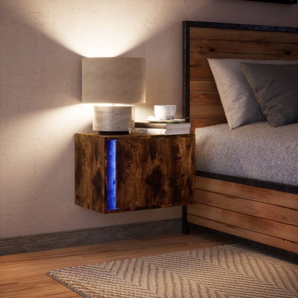 vidaXL Κρεμαστή κομοδίνο με φωτισμό LED, καπνιστό δρύινο