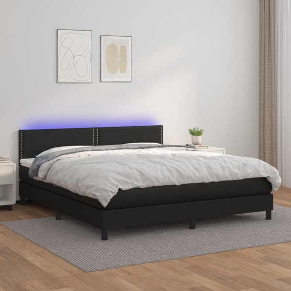 vidaXL Λουζκο kontynentalne με στρώμα και LED, μαύρη δερματίνη, 180x200 εκ.