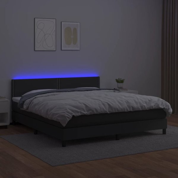 vidaXL Λουζκο kontynentalne με στρώμα και LED, μαύρη δερματίνη, 180x200 εκ.