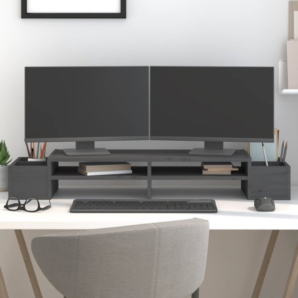 vidaXL vidaXL Podstawka na monitor, szara, 100x27,5x15cm, lite drewno sosnowe
