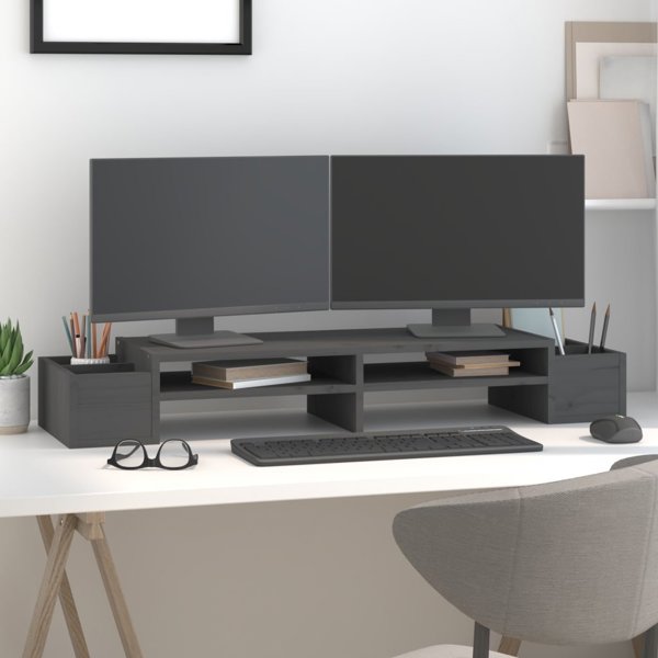 vidaXL vidaXL Podstawka na monitor, szara, 100x27,5x15cm, lite drewno sosnowe