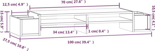 vidaXL vidaXL Podstawka na monitor, szara, 100x27,5x15cm, lite drewno sosnowe