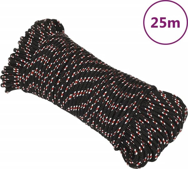 vidaXL Linka zeglarska, czarna, 5 mm, 25 m, polipropylen