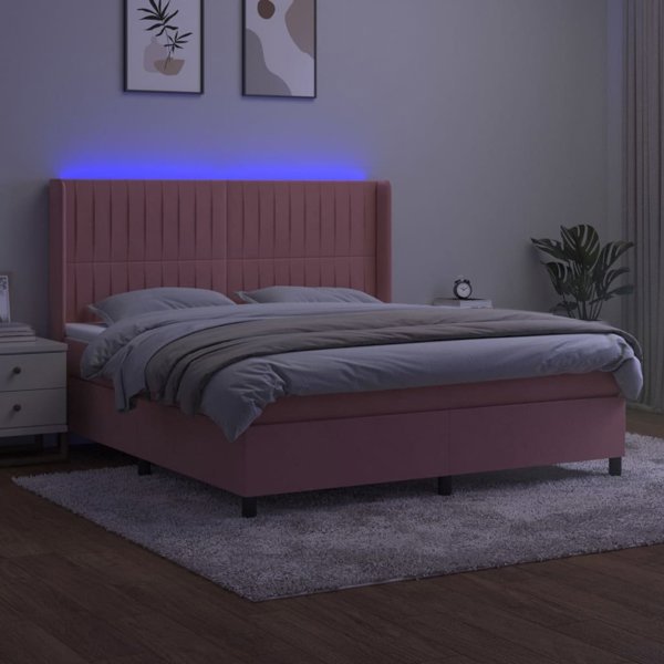vidaXL Κρεβάτι κοντινεντάλε με στρώμα και LED, ροζ βελούδο, 160x200 εκ