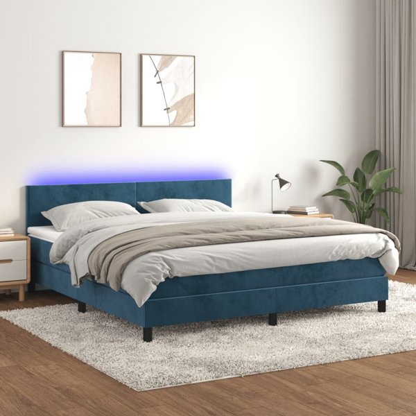 vidaXL Κρεβάτι continental με στρώμα και LED, μπλε βελούδο, 160x200 cm
