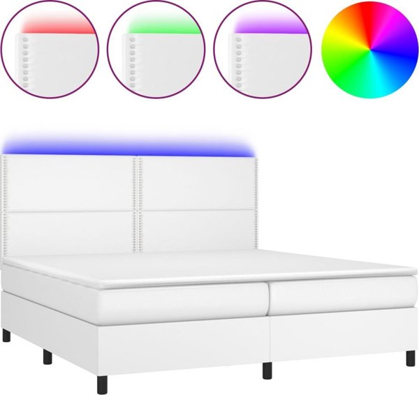 vidaXL Κρεβάτι κοντινεντάλ με στρώμα και LED, λευκή οικολογική δέρμα, 200x200 cm