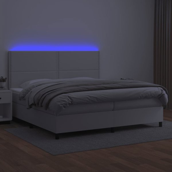 vidaXL Κρεβάτι κοντινεντάλ με στρώμα και LED, λευκή οικολογική δέρμα, 200x200 cm