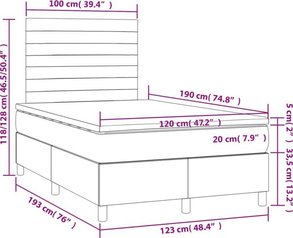 vidaXL Κρεβάτι Continental με Στρώμα, Ανοιχτό Γκρι, 120x190 cm, Βελούδο