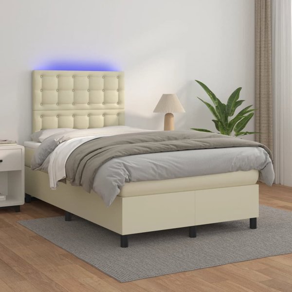 vidaXL Κρεβάτι κοντινεντάλ με LED και στρώμα, εκρού οικοδέρμα, 120x200cm