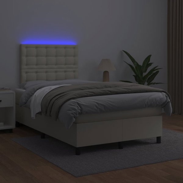vidaXL Κρεβάτι κοντινεντάλ με LED και στρώμα, εκρού οικοδέρμα, 120x200cm