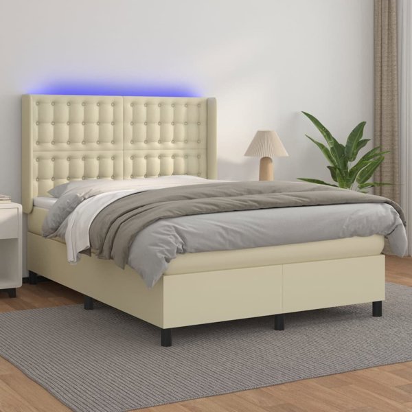 vidaXL Kρεβάτι κοντινεντάλ με LED, στρώμα, κρεμ, δερματίνη 140x200cm