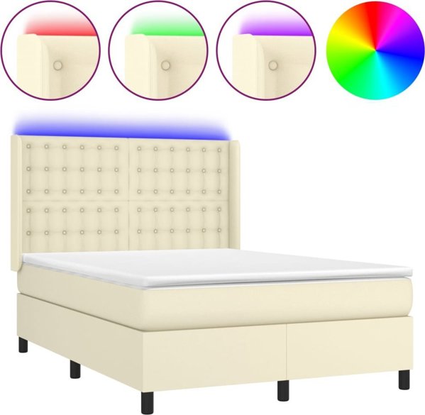 vidaXL Kρεβάτι κοντινεντάλ με LED, στρώμα, κρεμ, δερματίνη 140x200cm