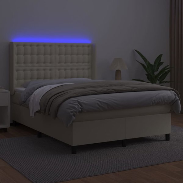 vidaXL Kρεβάτι κοντινεντάλ με LED, στρώμα, κρεμ, δερματίνη 140x200cm