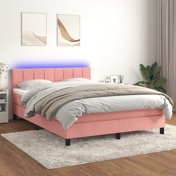vidaXL Κρεβάτι κέτνιενταλ με στρώμα και LED, ροζ βελούδο 140x190 cm