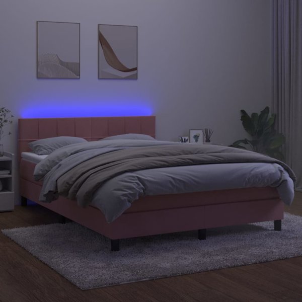 vidaXL Κρεβάτι κέτνιενταλ με στρώμα και LED, ροζ βελούδο 140x190 cm
