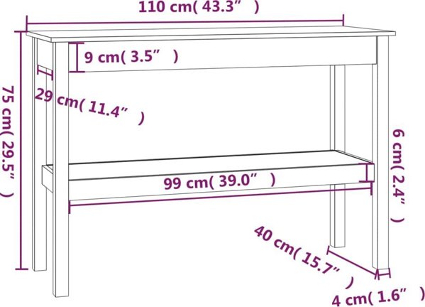 vidaXL vidaXL Stolik konsolowy, 110x40x75 cm, lite drewno sosnowe